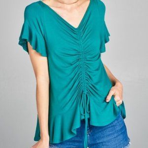 ANTHROPOLOGIE TEAL SHIRRED TIE FRONT TOP TEAL